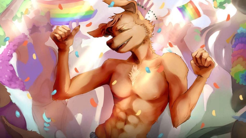 Shirtless furry dog dancing gay parade