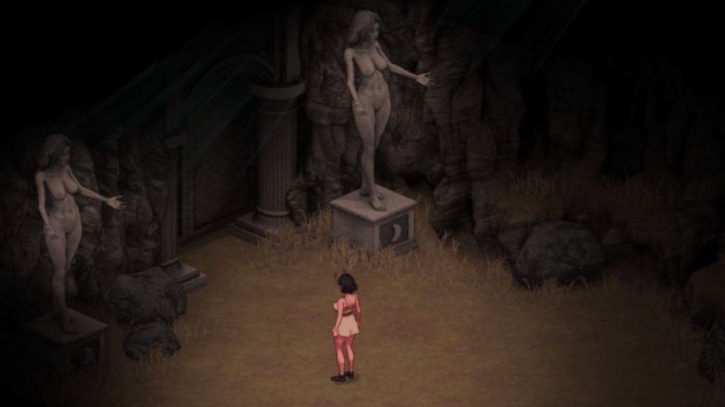 Sexy red succubus in a cave with naked female stone statues