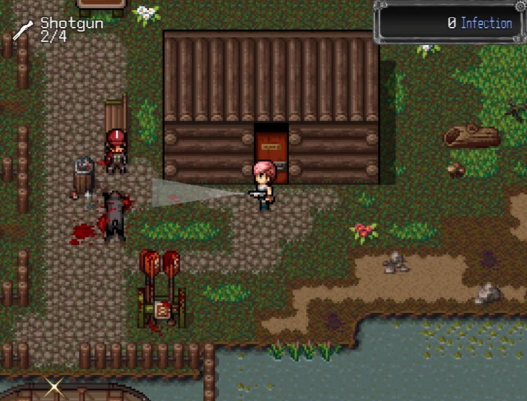 Pixel zombie apocalypse gameplay with a shotgun