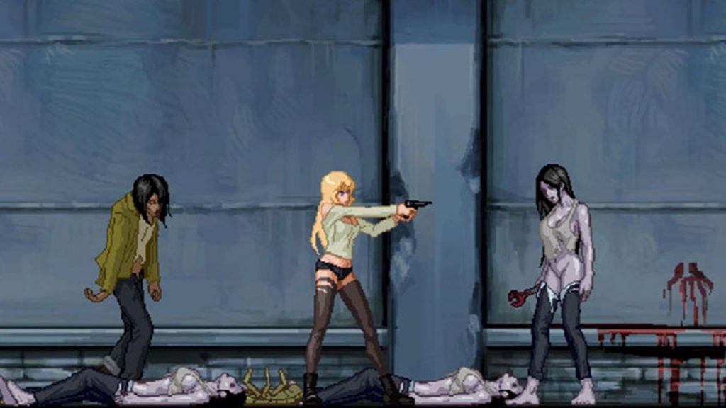 Sexy blonde shooting zombies Pixel graphics