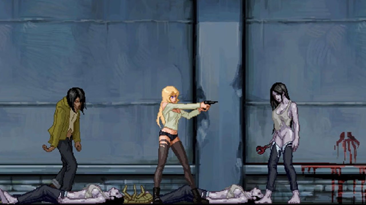 Sexy blonde shooting zombies Pixel graphics