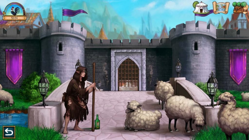 Drunk elf woman in rags surrounded by sheeps near kingdom walls
