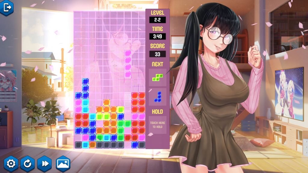 Sexy anime waifu with circle glasses playing tetris
