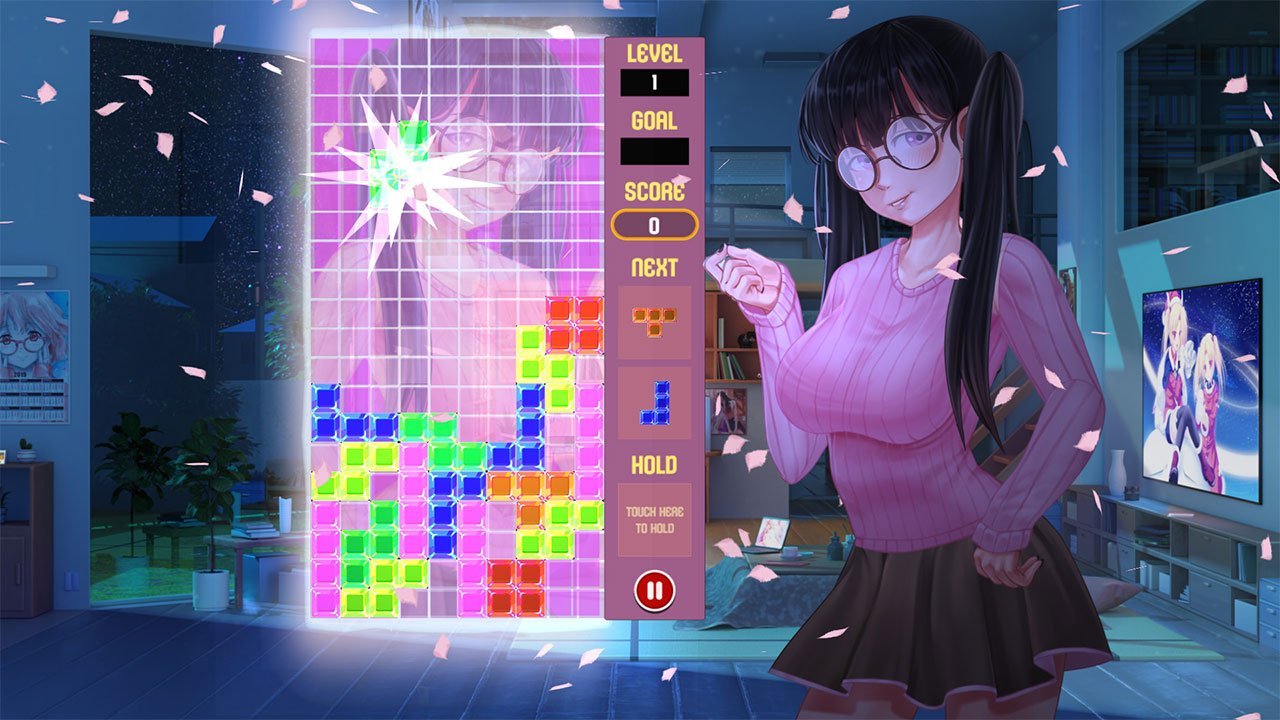 Cute anime girl with big tits playing tetris