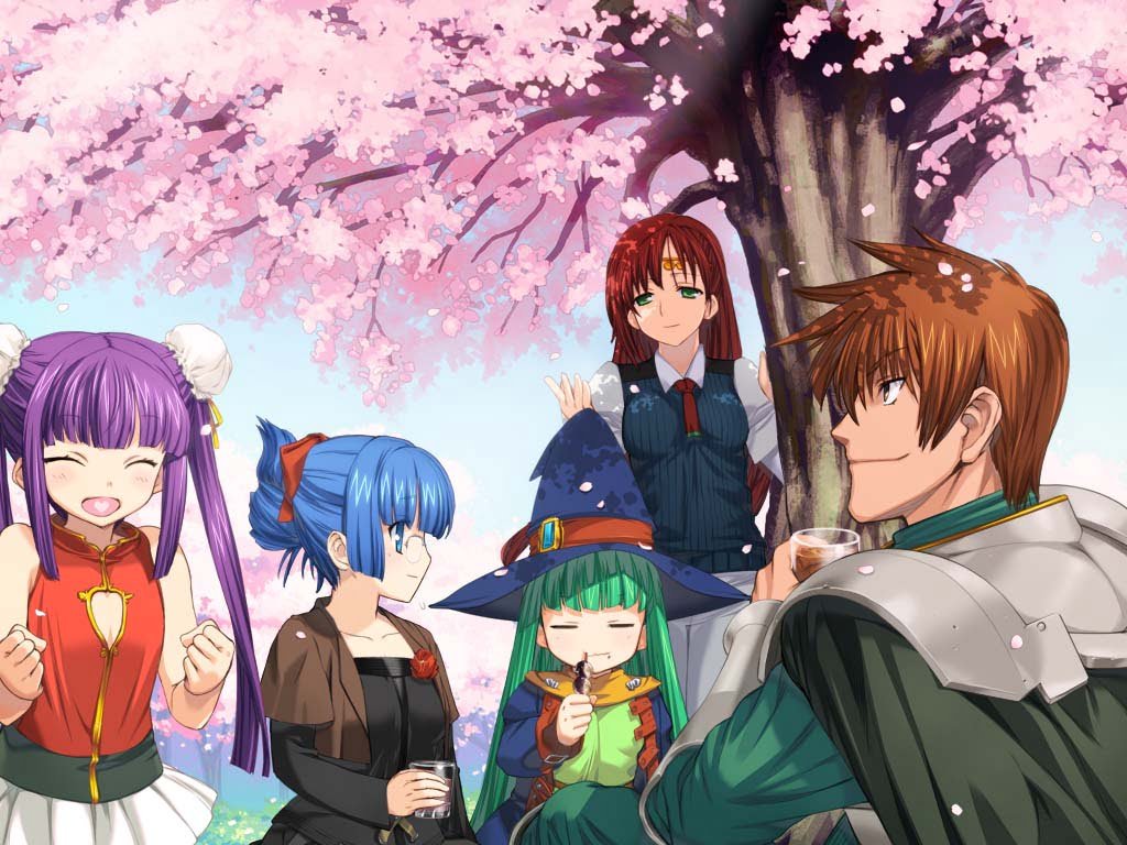 Characters from Rance Quest Magnum enjoying themselves under a cherry blossom tree