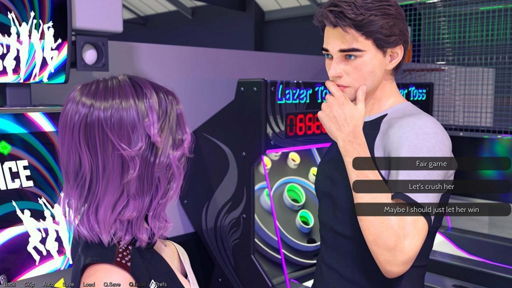 Sexy purple haired teen in arcade with  young man in 3D