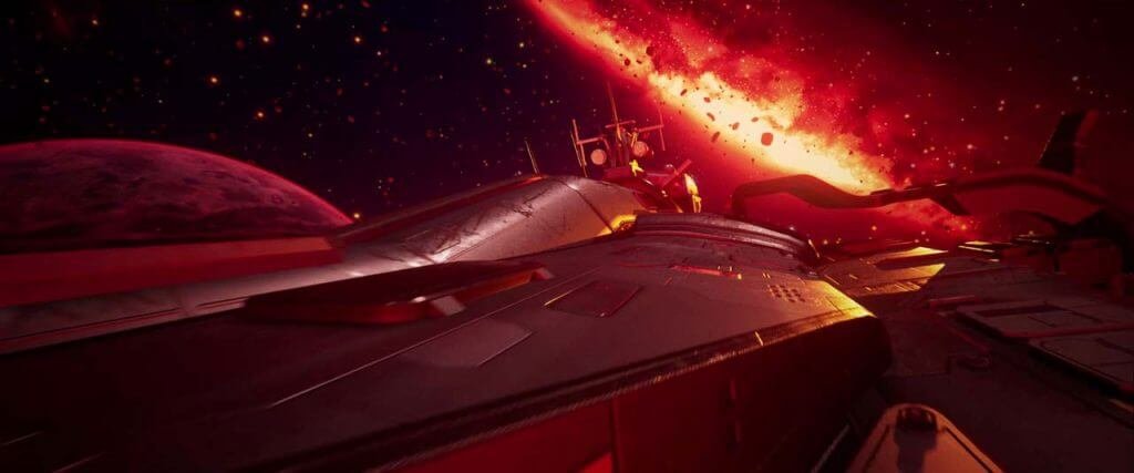 Space cruiser flying in red space from Subverse