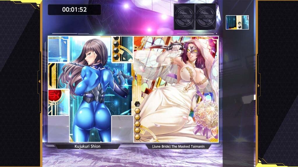 Sexy anime character in blue suit and wedding dress from Taimanin Collection