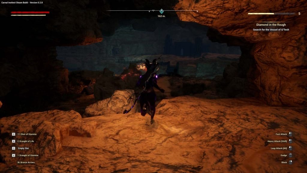 Purple female alien exploring a cave in Carnal Instinct