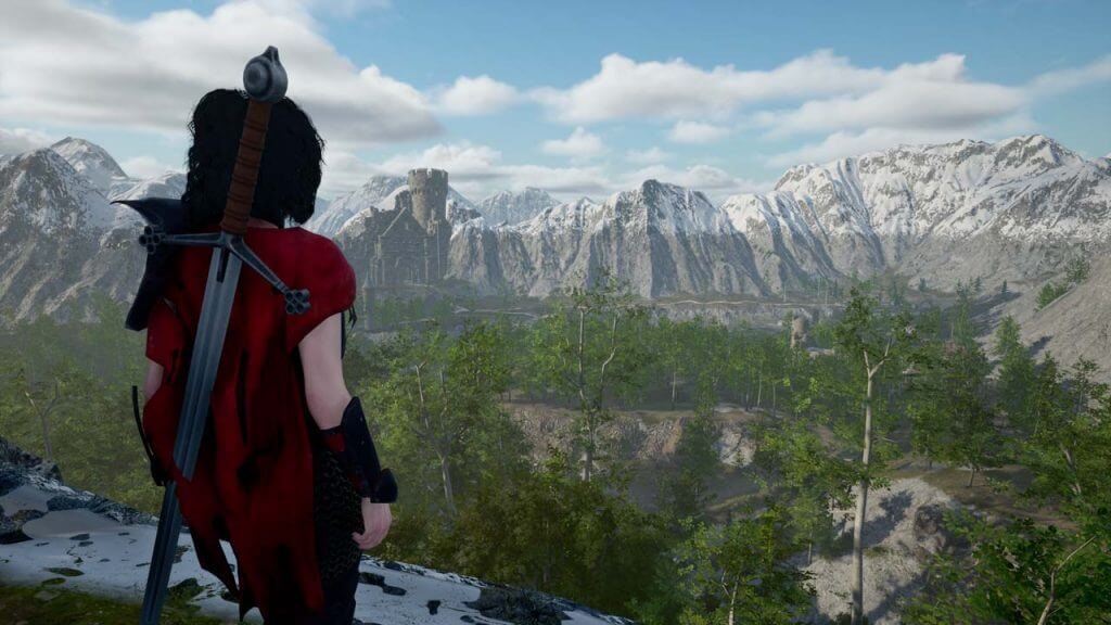 A female warrior looking over an open world landscape