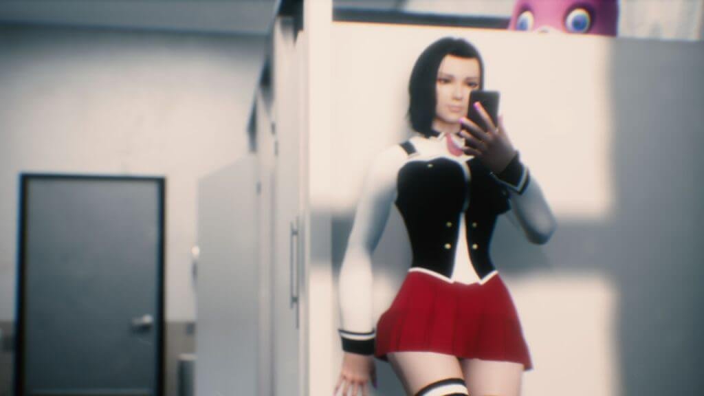 sexy schoolgirl with miniskirt checking phone in bathroom