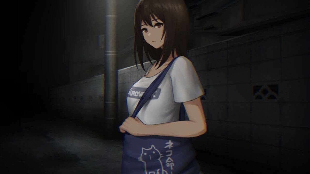 Anime girl alone in a dark street holding a cat bag