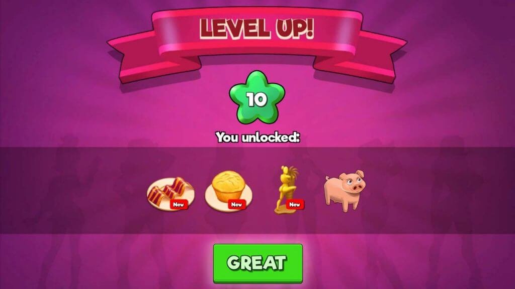 Level up screen from Booty Farm game