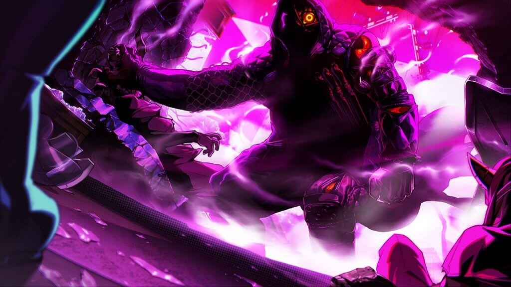 Anime giant villain in purple background