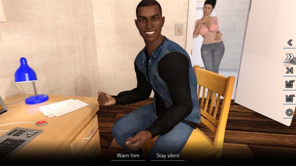 3D black guy excited with sexy landlord standing behind