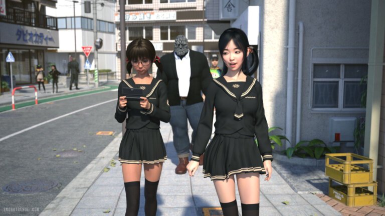 Cute asian school girls walking back to home