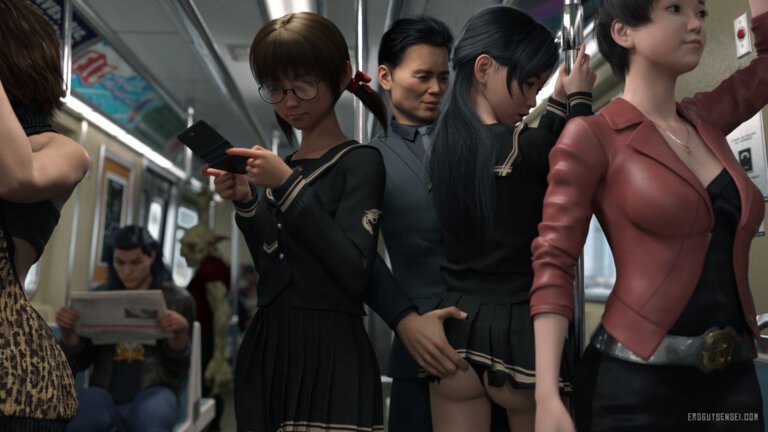 Asian schoolgirl teased in train 3D