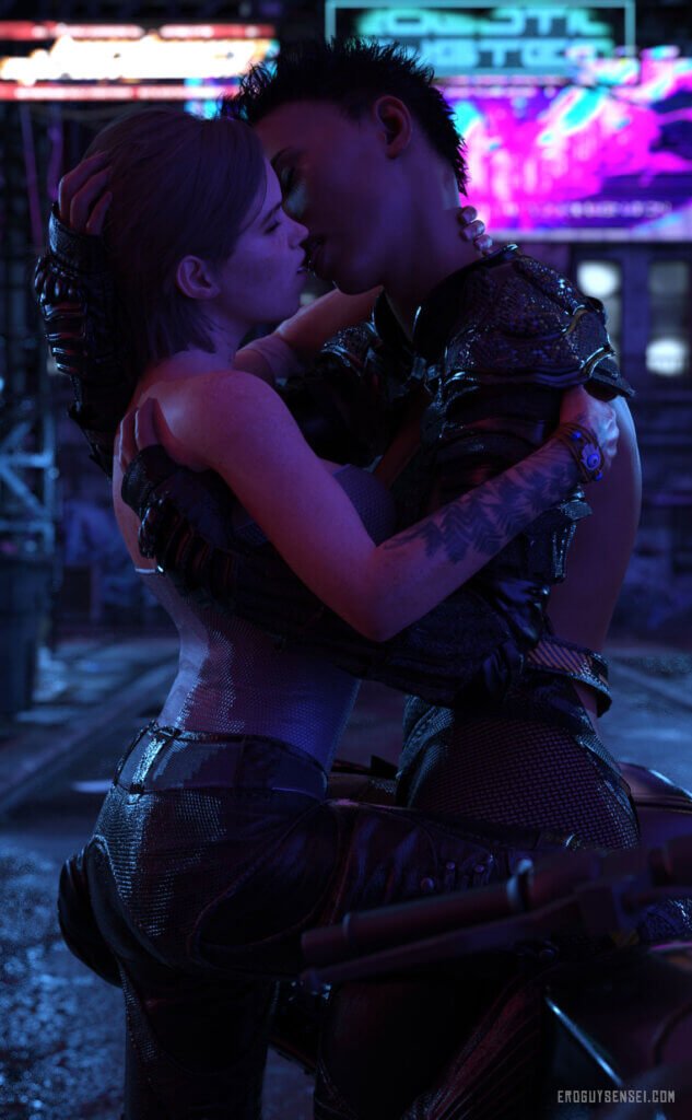 Ellie kissing biker girl in neon night background