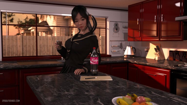 cute asian school girl in kitchen drinking cola 3D