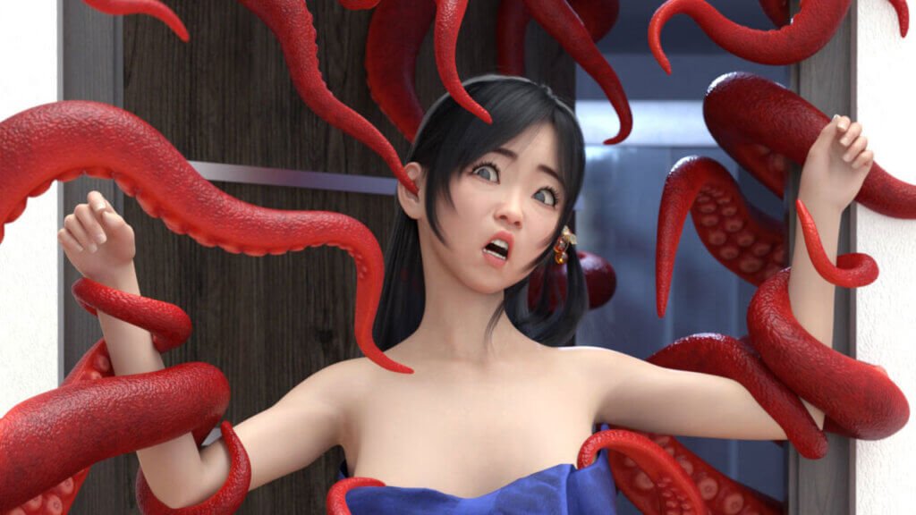 Sexy asian girl surrounded by tentacles