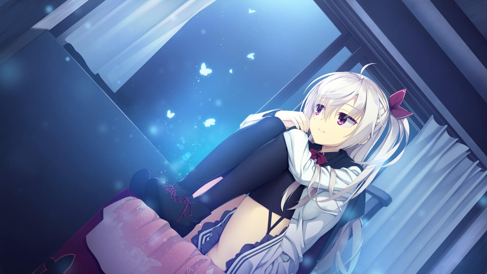 cute white haired anime girl looking out of a window