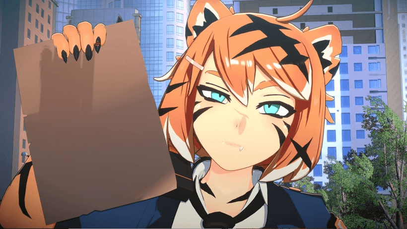 Cute tiger monster girl holding out piece of paper