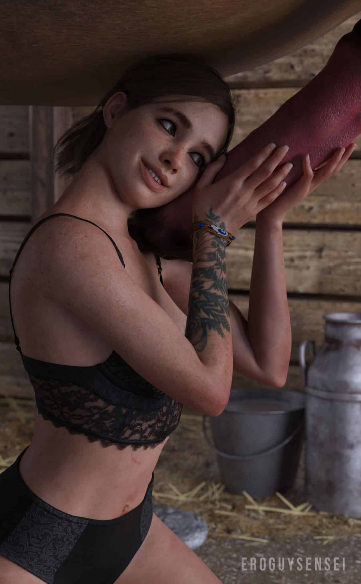 Ellie holding a horse cock in her hands while looking excited