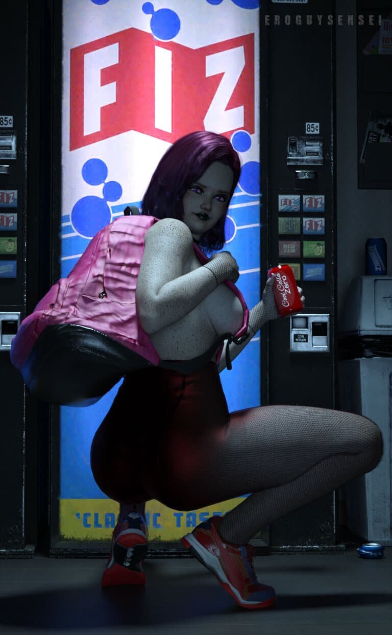 Chubby 3D schoolgirl holding a soda in front of vending machine