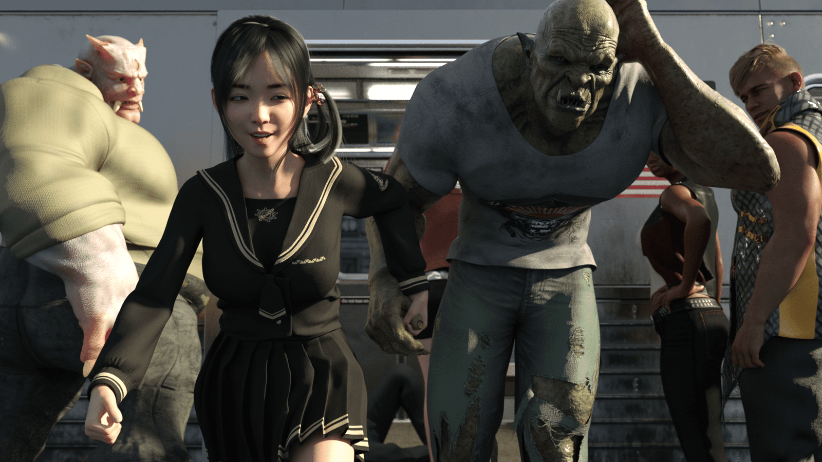 asian schoolgirl running away from train with an Orc