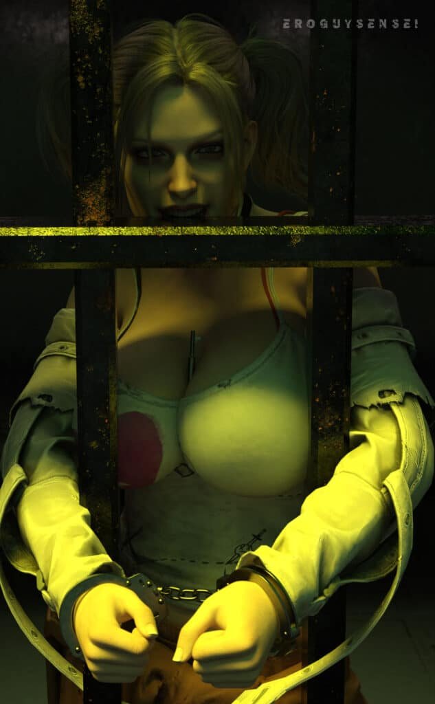 harley quinn biting on jail bars while handcuffed with the key between her breasts