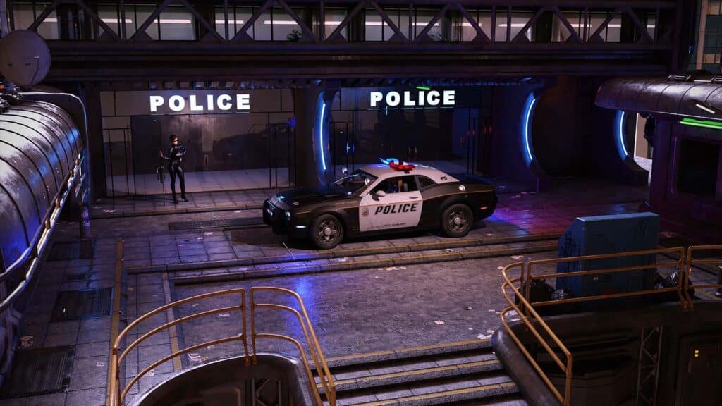 3D police car parked in front of sci-fi futuristic police station