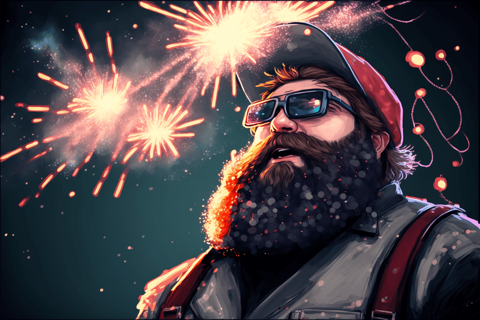 2D man with beard watching fireworks exploding in the sky