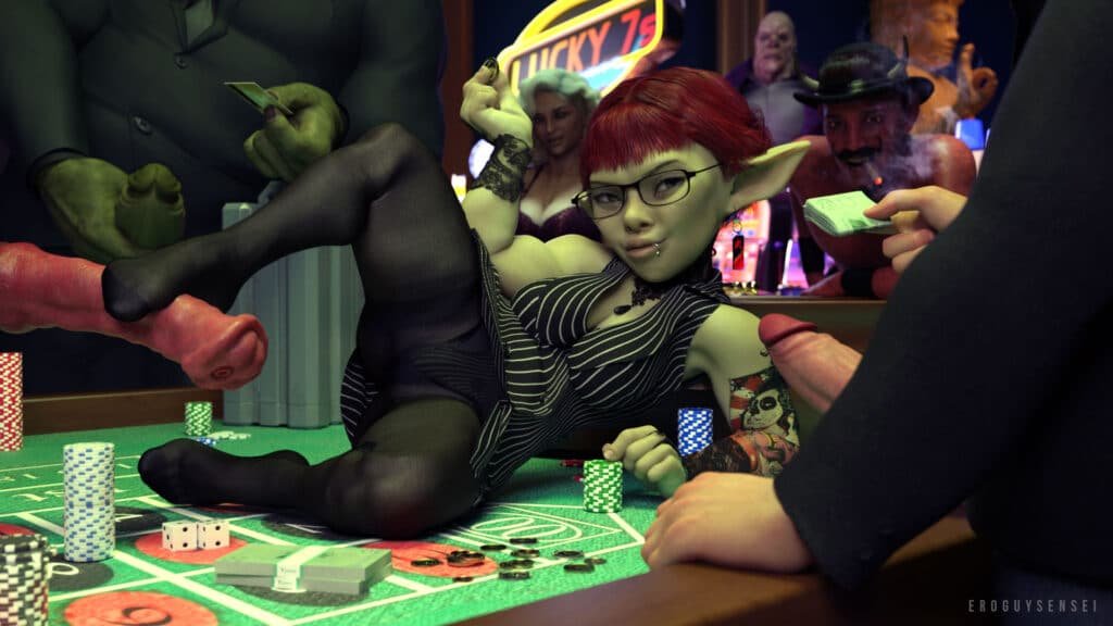Sexy female goblin girl entertaining a crowd on table