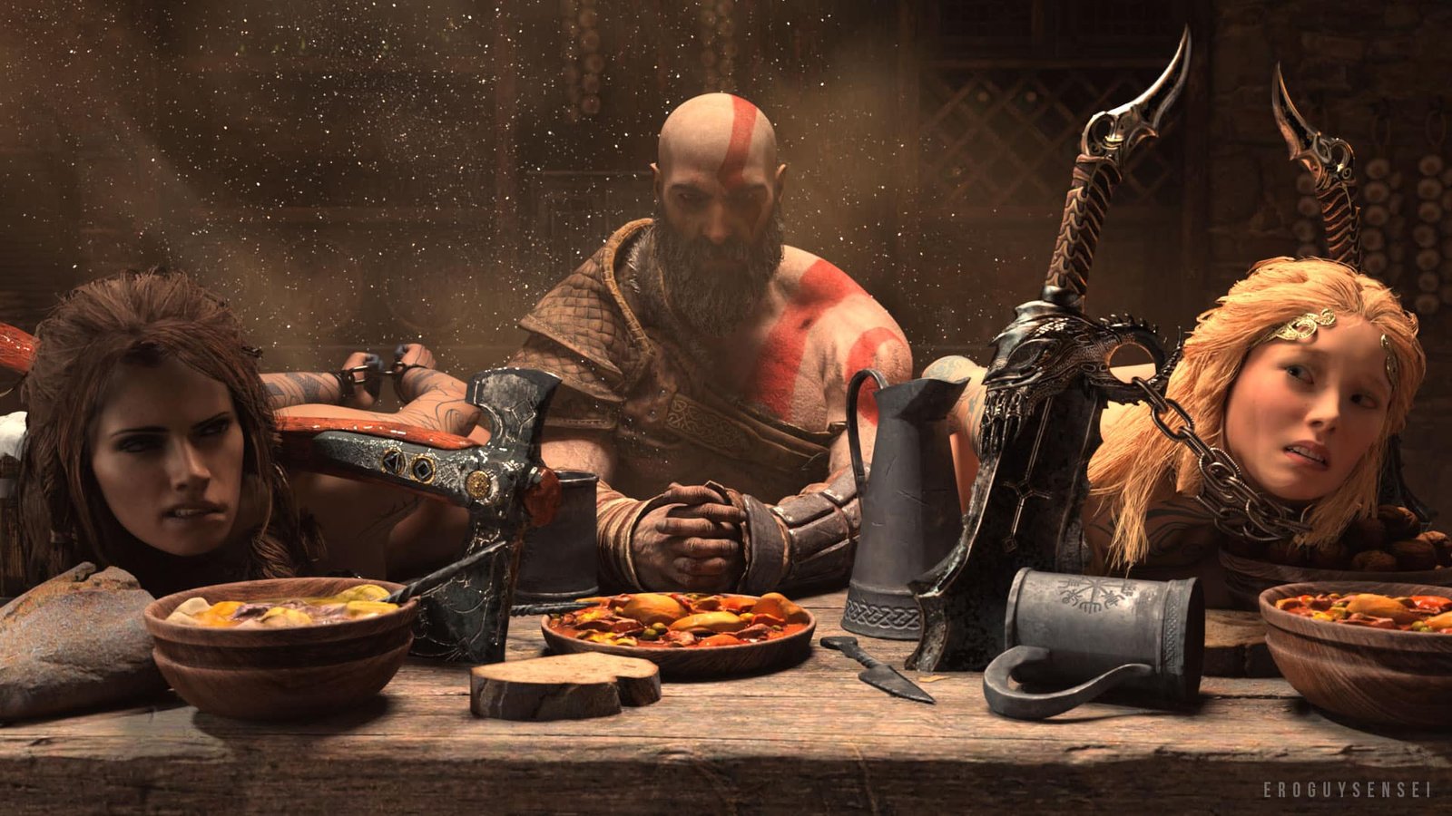 Kratos in dinner table with Freya and Sif tied up