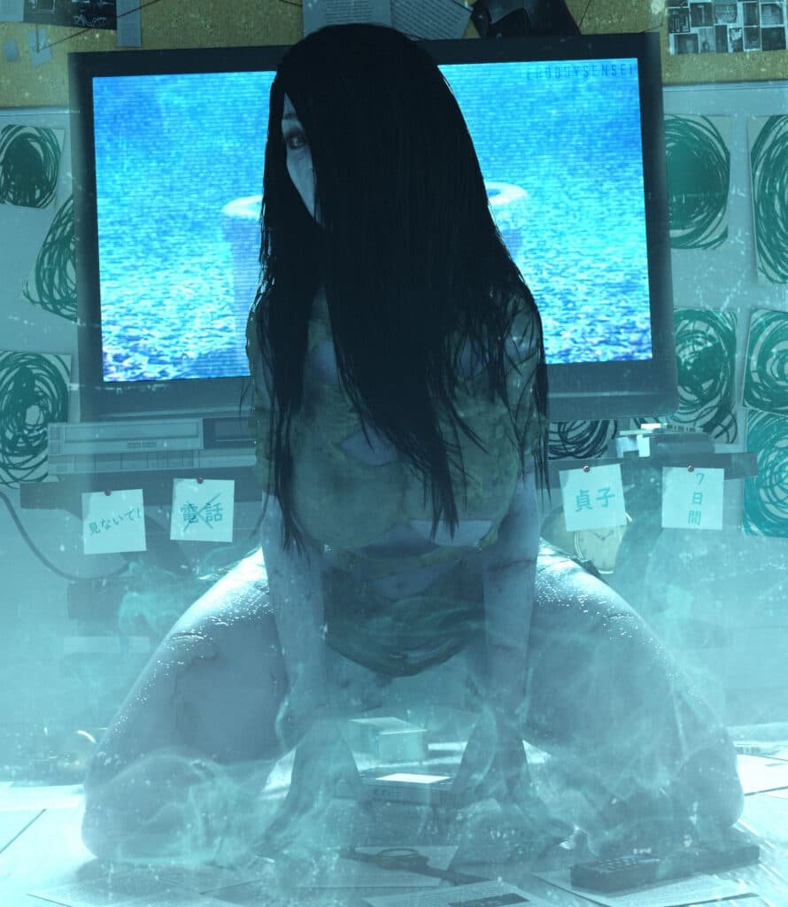 Sexy Sadako emerging from TV screen all wet
