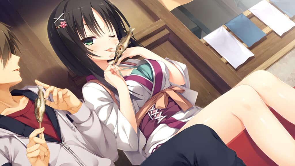 Cute anime girl eating fish from a stick with a guy