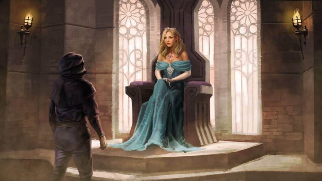 Beautiful queen sitting on a throne talking to a man