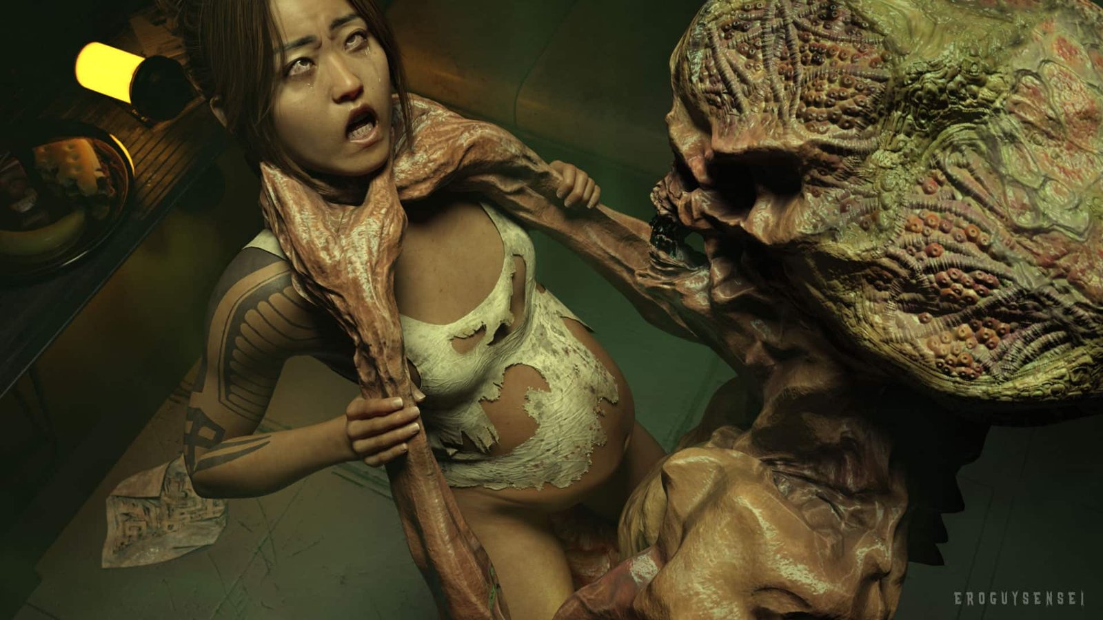 Dani Nakamura from The Callisto Protocol strangled by grotesque-looking alien