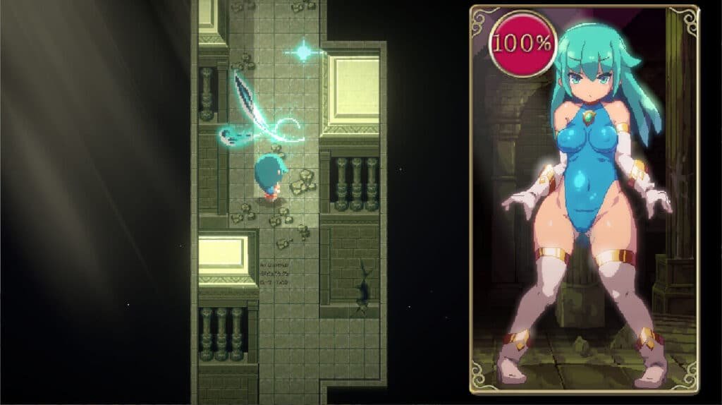Sexy female pixel anime girl lost in a dungeon