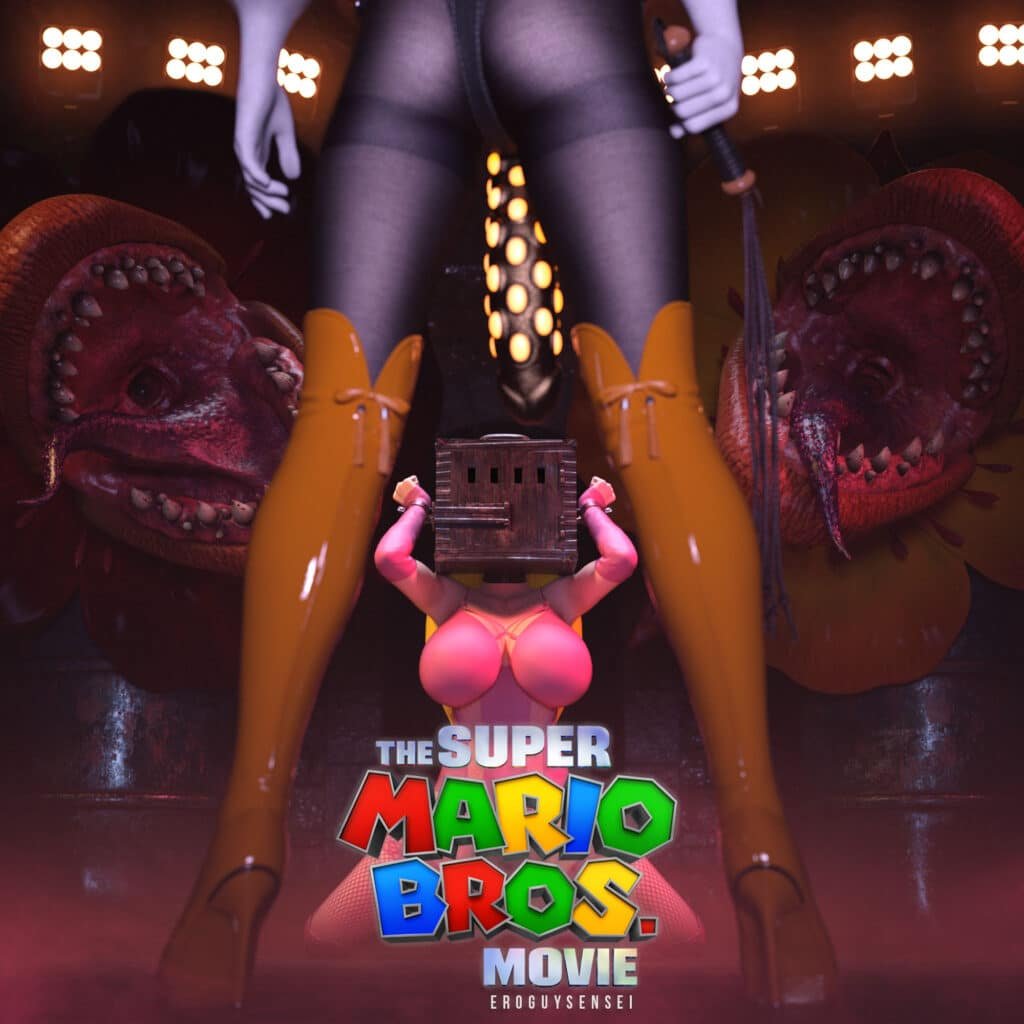 The Super Mario Bros. 3D porn of Daisy in an orange dominatrix outfit, dominating Princess Peach wearing an iron head box