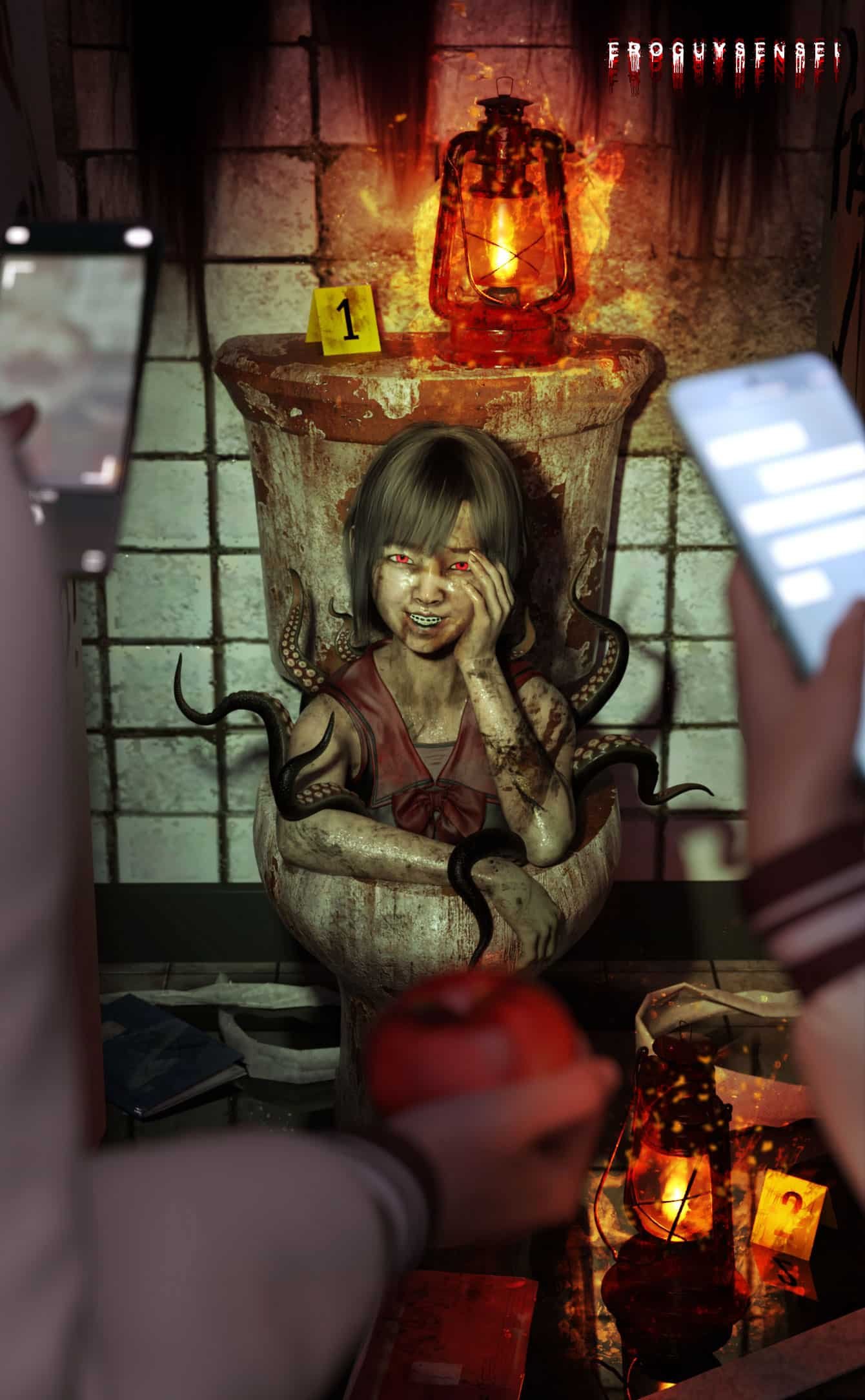 Hanako-san emerging from a dirty toilet