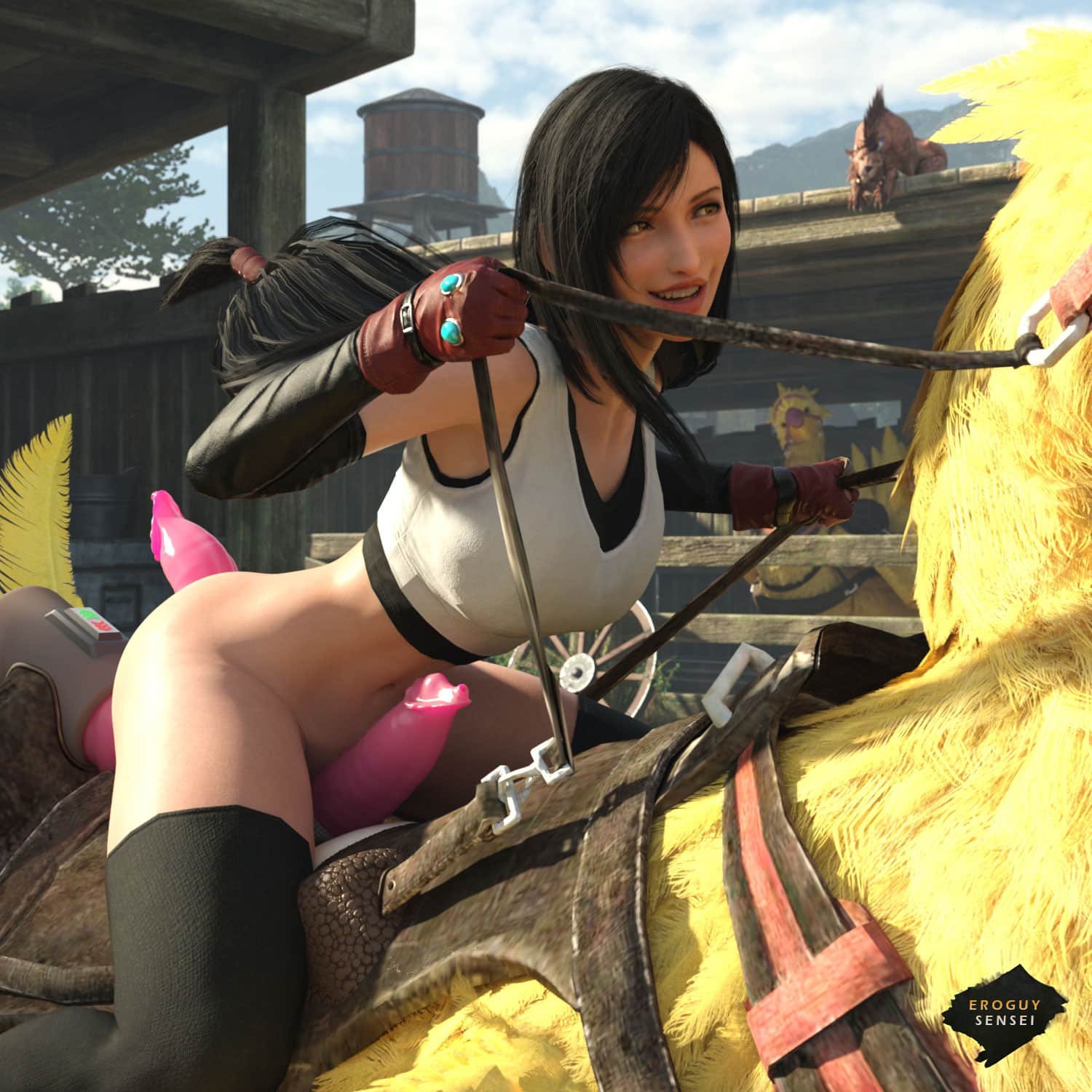 Tifa Lockhart riding a Chocobo using special saddle with attached dildos