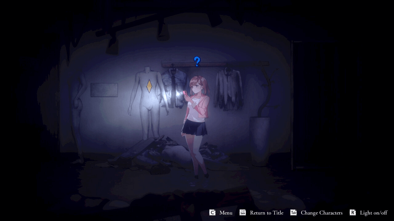 Cute anime girl with miniskirt in a creepy dark room