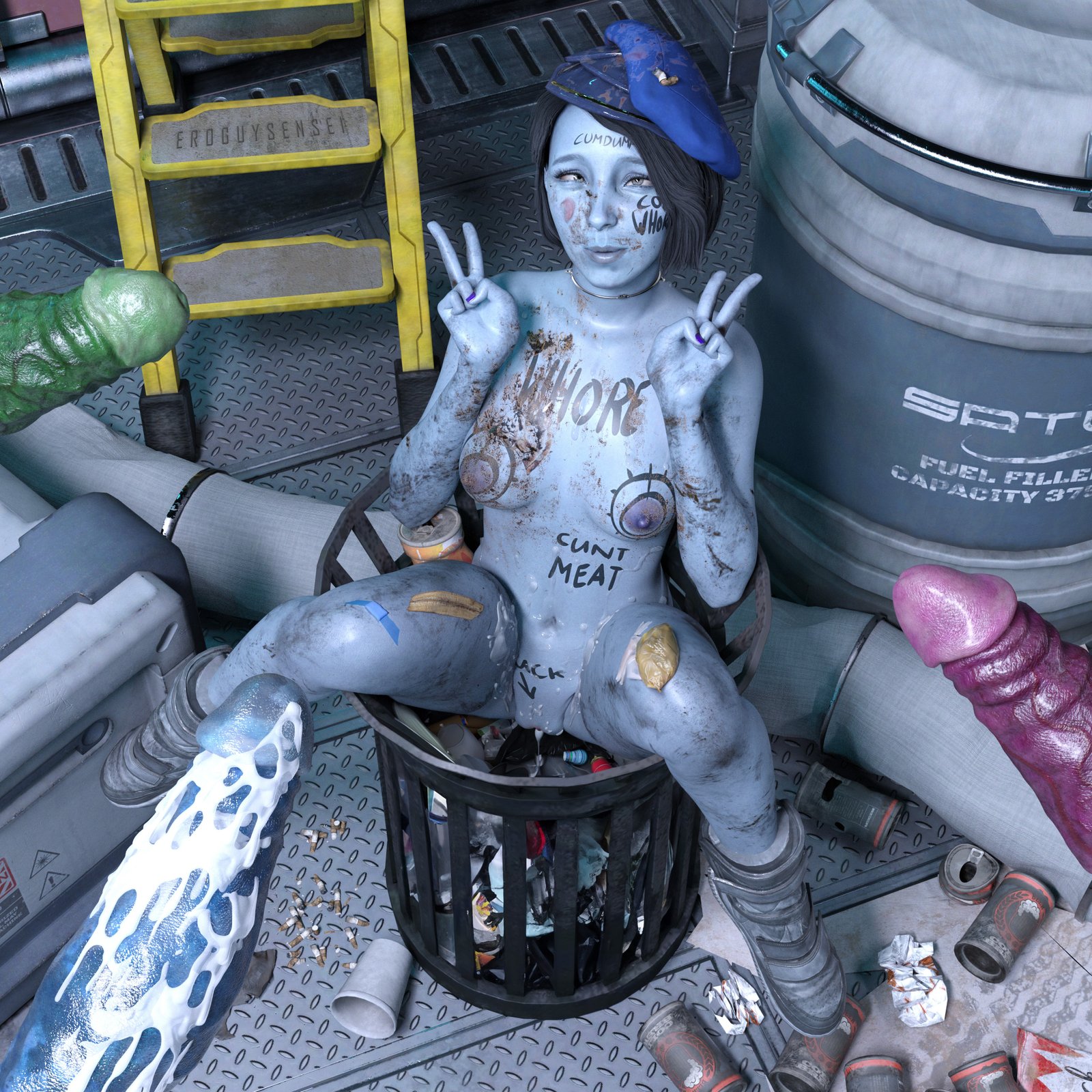 Nikki stuck in a trash can naked covered in garbage while surrounded by alien dicks