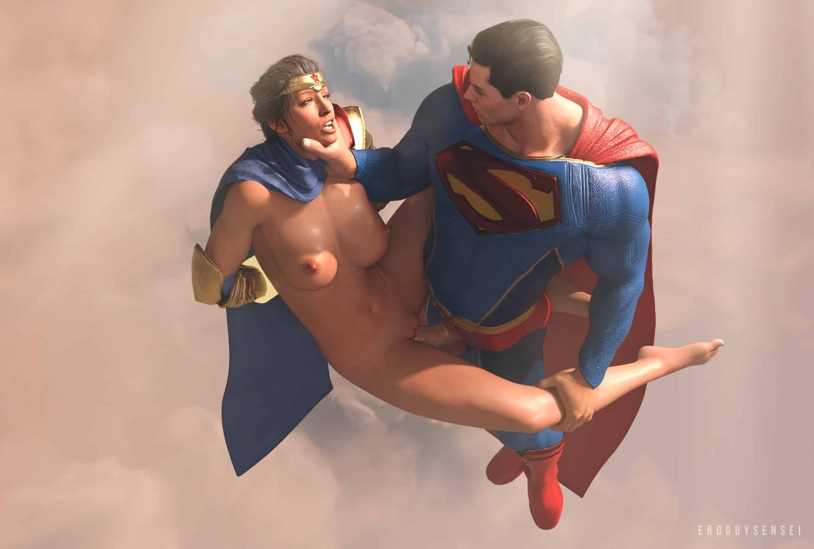Superman having sex with Wonder Woman in the skies