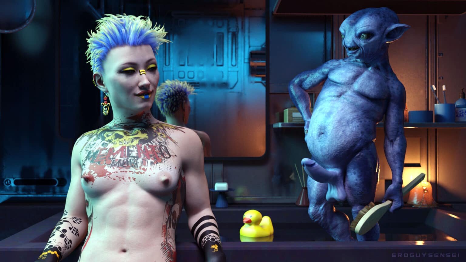 Sexy asian lady naked in bathroom with a small blue alien