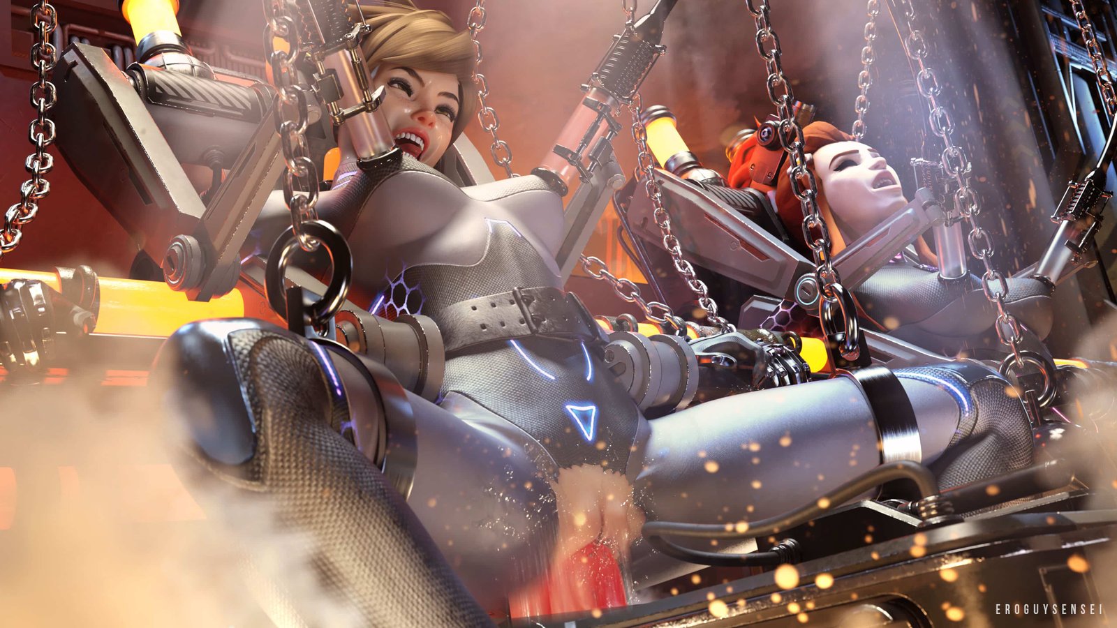 Sexy Tracer fucked by machines in a factory