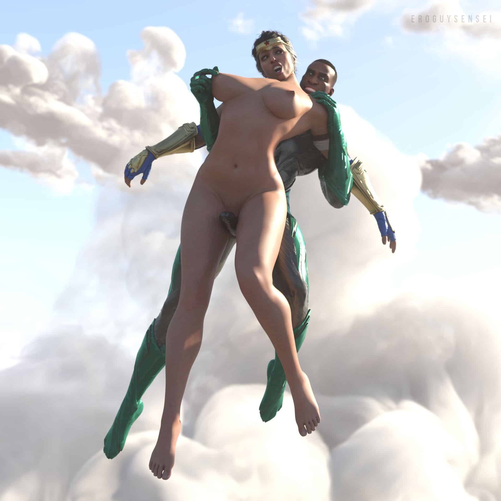 Wonder Woman giving Green Lantern Thigh job high in the sky