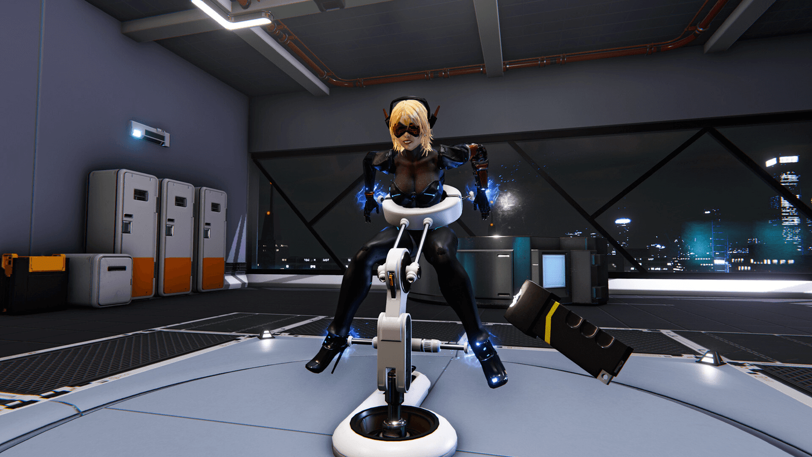 The Villain Simulator gameplay showcasing a woman held by a machine