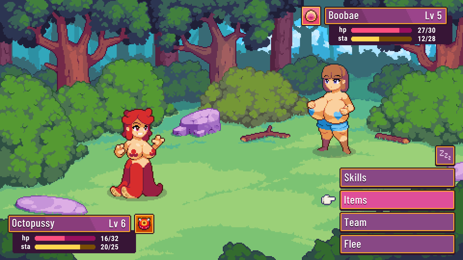 Pixel creatures fighting in turn based combat